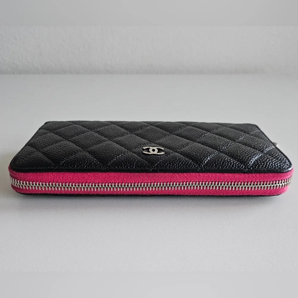 Chanel Black Caviar Quilted Zip Around Long Wallet